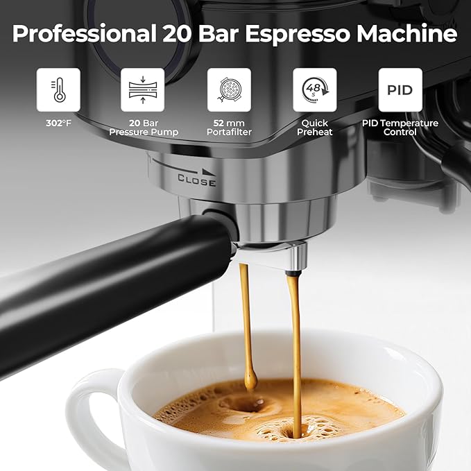 20 Bar Espresso Machine, Compact Espresso Coffee Maker with Milk Frother for Latte/Cappuccino, Auto Clean/40.5oz Removable Tank/Auto Shut-Off, Espresso Maker for Home/Office, Stainless Steel