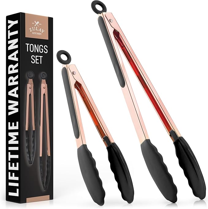 Zulay Stainless Steel Kitchen Tongs with Silicone Tips - Set of 2 (9” & 12”) Locking Cooking Tongs with Non-Slip Grip - Heat Resistant, BBQ Food Tongs for Non-Stick Cooking Pans (Rose Gold/Black)