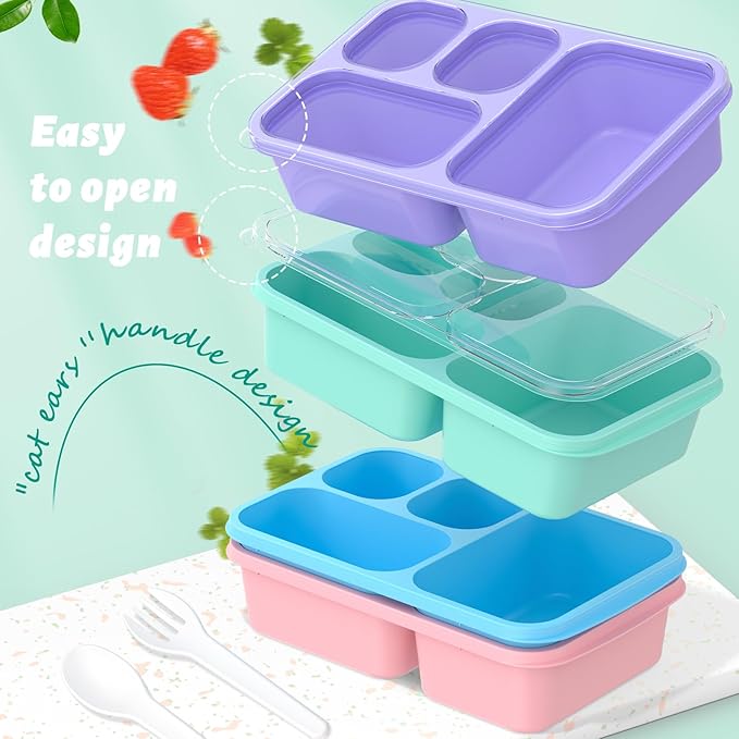 Bento Lunch Box - 4 Pack, 4-Compartment Meal Prep Containers, Adult Bento Box, Microwave & Dishwasher Safe (PP(Blue))