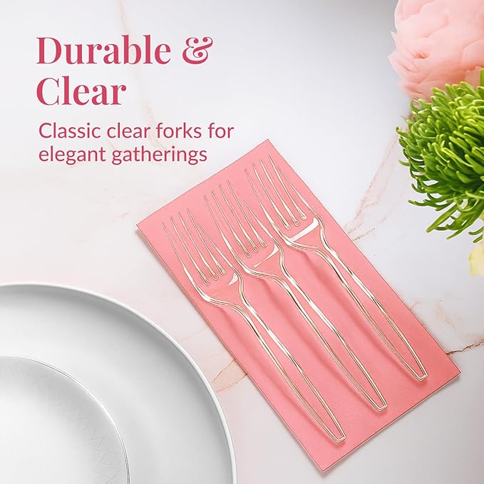 Prestee 500 Clear Plastic Forks - Heavyweight Disposable Forks, Sturdy Flatware, Elegant Fork for Parties, Bulk Disposable Silverware Set, Clear Plastic Utensils - Flatware