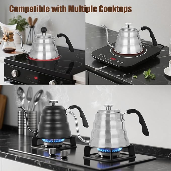 Pour Over Kettle for Manual Drip Coffee and Tea with Thermometer 28oz Gooseneck Kettle with Flow Control Stainless Steel Water Kettle for Stovetop,800ml,4 Cup,Black,1Pack