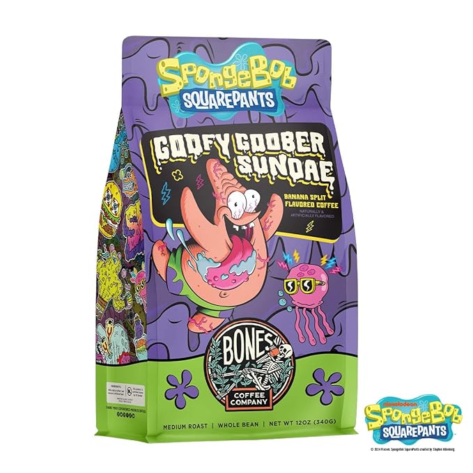 Bones Coffee Company Spongebob Goofy Goober Sundae, Banana Split Flavored Coffee, Medium Roast Low Acid Arabica Beans Compatible with Auto drip and French Press Coffee Maker, 12 Oz Ground