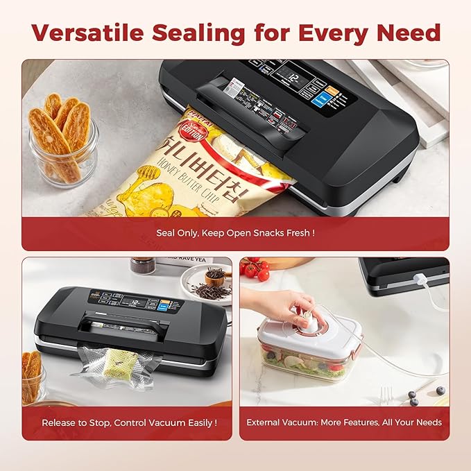 95KPa Vacuum Sealer Machine for food,Full Automatic with Double 12mm Heat Seal, 10in 1 Modes, Built in Cutter & Bag Storage, Includes 1 Roll and 10pcs Pre cut Bags