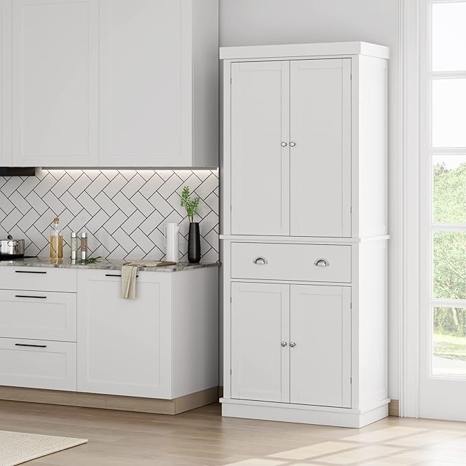FOTOSOK 72 Kitchen Pantry Storage Cabinets with Drawer, Freestanding Cupboard with 4 Doors, Drawer, 4 Shelves, Utility Pantry Cabinet for Kitchen, Dining Room, Living Room, White HPB-209