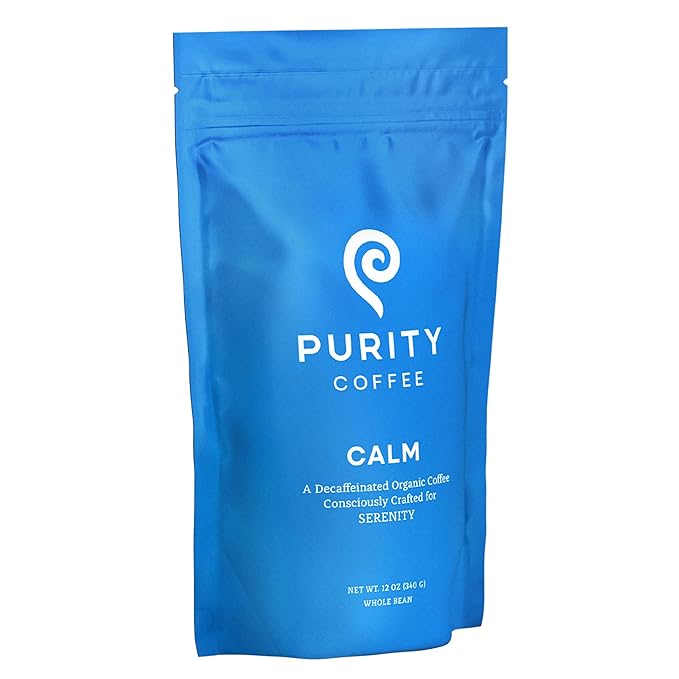 PURITY COFFEE CALM Decaf Medium Roast Whole Bean (12oz Bag) | Specialty-Grade USDA Organic Mountain Water Process Decaffeinated Blend | Third Party Tested for Mold, Mycotoxins & Pesticides