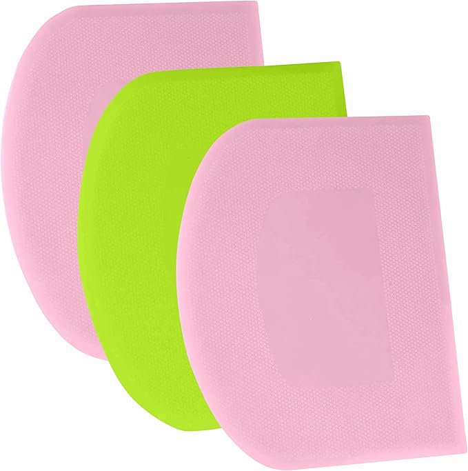 SURDOCA Dough Scraper Bench Scraper - 3P 5.9x4.3" Plastic Flexible Bowl Scraper, Sharp Edge & Angles Cake Scraper. Non-Slip Bakeware Decorating Tools Sculpting & Modeling Tools - Pink+Green+Pink