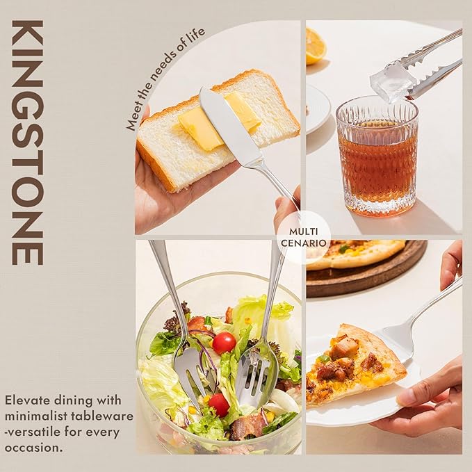 KINGSTONE 8 Piece Teardrop Serving Utensils Set, 18/10 Stainless Steel Serving Utensils, Slotted Spoons, Forks, Tongs, Cake Server, Butter Knife for Buffet, Catering, Wedding, Party