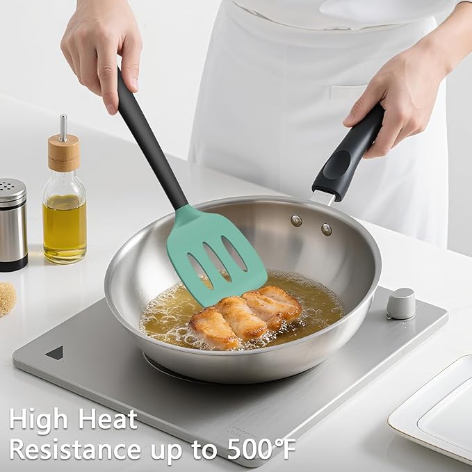 Coukre 3 Pack Silicone Spatula Set, High Heat Resistant, BPA-Free, Fish Spatula, Solid & Slotted Turner for Non-Stick Pans, Flipping Eggs, Pancakes, Fish, Burgers (3, AquaGreenBlack)
