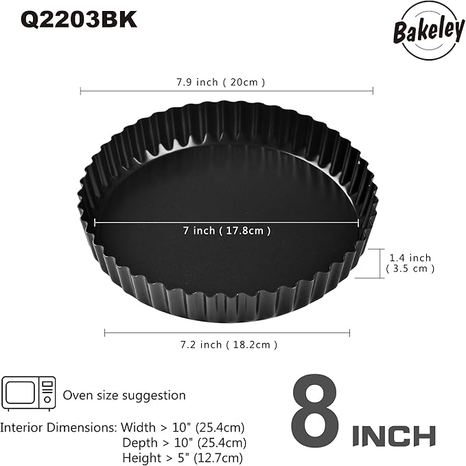 8-Inch Non-Stick Round Tart Pan with Removable Loose Bottom, Quiche Pan for Oven Baking (Black)