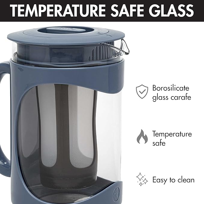 Primula Burke Deluxe Cold Brew Iced Coffee Maker, Comfort Grip Handle, Durable Glass Carafe, Removable Mesh Filter, Perfect 6 Cup Size, Dishwasher Safe, 1.6 qt, Blue