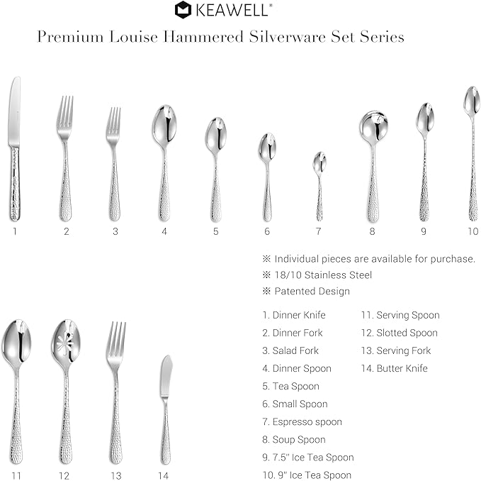KEAWELL Premium 4-Piece Louise Hammered Spoons Set, 18/10 Stainless Steel, Set of 4, Fine Spoon Set with Round Edge, Dishwasher Safe (7" Soup Spoons)