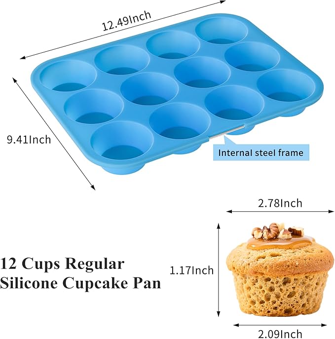Bangp 12-Cup Silicone Muffin Pan with Metal Reinforced Frame,2 Pack Regular Size Cupcake Pan,Premium Non-Stick Bend Resistance Silicone Molds for Making Muffin,Cakes,Tart,Egg Bites (Blue)
