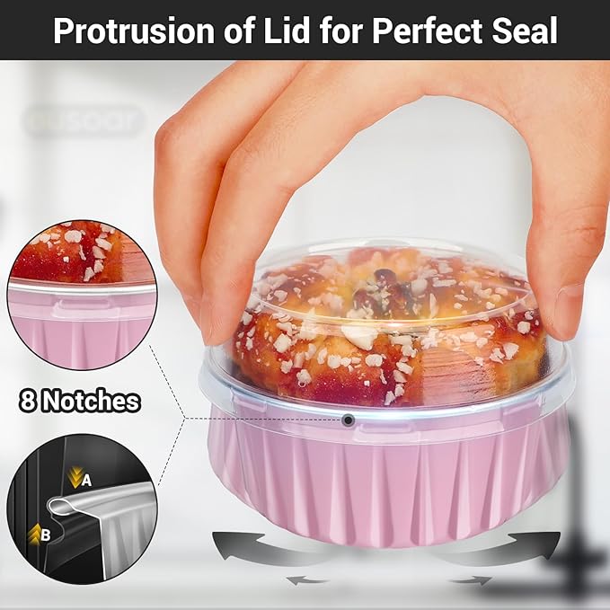 EUSOAR Disposable Ramekins with Lids, 200pcs 5oz Aluminum Foil Cupcake Liners Ramekins Cups for Baking, Dessert Cups Aluminum Cheesecake Pan Creme Brulee Baking Cups for Oven-Pink