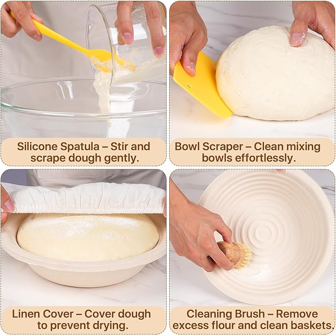 Non-Stick Oval Wood Pulp Banneton Bread Proofing Basket Set, Sourdough Banneton Basket Kit, Bread Making Tool Sourdough Starter Kit with Proofing Bowl, Cover, Dough Whisk, Lame, Scraper