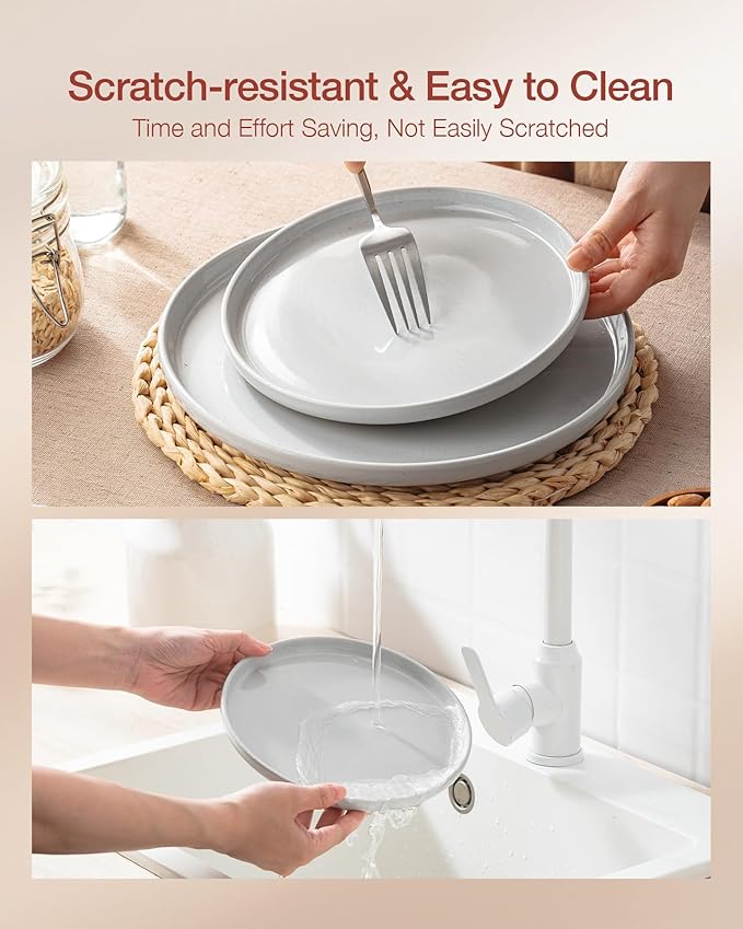 Famiware Milkyway Stoneware Dinnerware Sets with Pasta Bowls, Service for 4 (16 Pieces), Plates and Bowls Sets -Scratch Resistant, Microwave and Dishwasher Safe Dishes Set, Light Gray