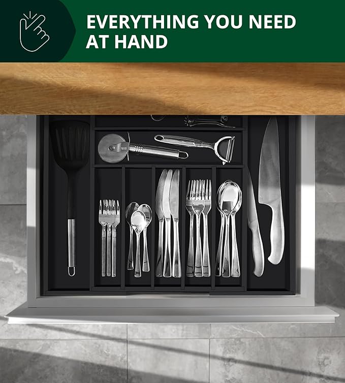 ROYAL CRAFT WOOD Luxury Bamboo Kitchen Drawer Organizer - Silverware Organizer - Utensil Holder and Cutlery Tray with Grooved Drawer Dividers for Flatware and Kitchen Utensils (9 Slot, Black)