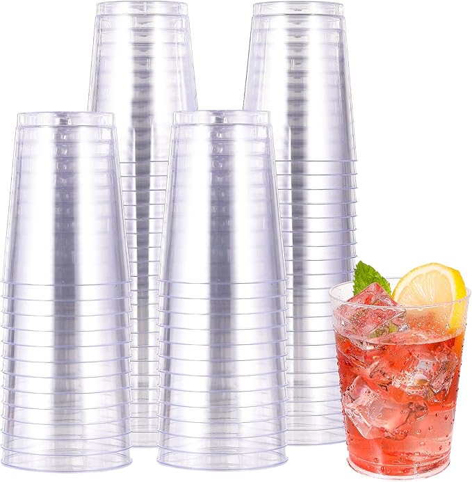 JOLLY CHEF 10 oz Clear Disposable Plastic Cups 100 Pack Clear Plastic Cups Tumblers, Heavy-duty Party Glasses, Disposable Cups for Thanksgiving, Party,Fathers Day