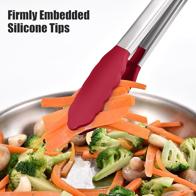 Doosu Kitchen Tongs for Cooking - 600°F Heat Resistant Food Tong with Non-Scratch Silicone Tips, Heavy Duty Stainless Steel Locking Tong for BBQ, Grilling Steak, Serving Salad, Pasta (16in, Red)