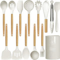 Silicone Cooking Utensils Set - 446°F Heat Resistant Silicone Kitchen Utensils for Cooking,Kitchen Utensil Spatula Set w Wooden Handles and Holder for Non-Stick Cookware (Cream White)
