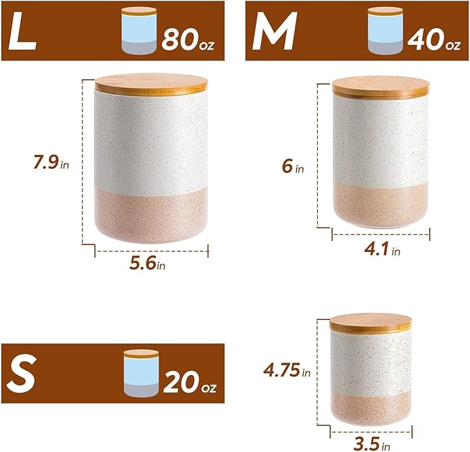 Yangbaga Canister Sets for Kitchen Counter, 80/40/20 OZ Large Ceramic Food Storage Jars with Airtight Wood Lids, Large Kitchen Canisters for Coffee, Sugar, Tea, Flour, Spice