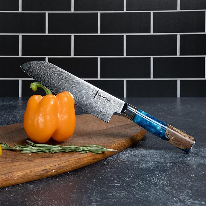 SENKEN 7-Piece Damascus Kitchen Knife Set - Tsunami Collection - 67-Layer Japanese VG10 Steel - Chef's Knife, Cleaver, Santoku, Bread, Boning, & More
