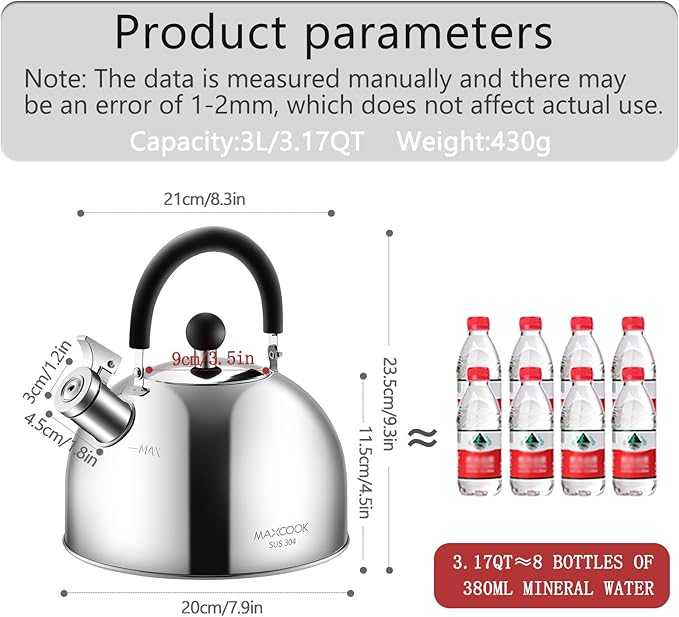 304 Stainless Steel Whistling Tea Kettle 3.17 Quart/3L Tea Pot, Suitable to Boiling Water & Tea on Induction Stove, Gas Stove Top