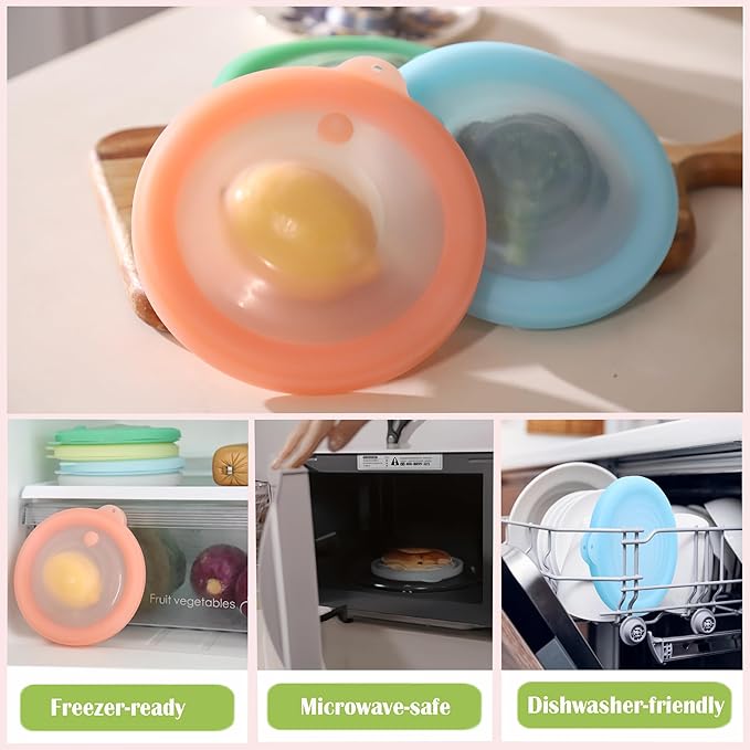 Silicone Reusable Vacuum-Seal Storage Containers for Fridge,Fresh Fruit,Vegetables,Garlic,Onions,Lemons,Potatoes,Meat,for Microwave Oven Heating,Freezer,Dishwasher,Avocado Saver,Tomato Holder,4 Pack