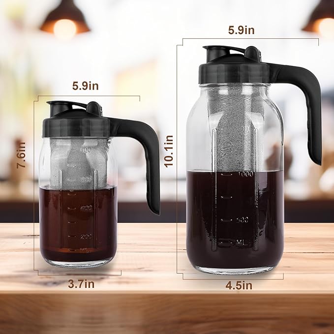 Cold Brew Coffee Maker Pitcher,32 Oz Glass Mason Jar Pitcher with V-shaped Pour Spout Handle Lid,Stainless Steel Filter for Iced Coffee,Iced tea,Breast Milk,Fruit Drinks,lemonade-Black
