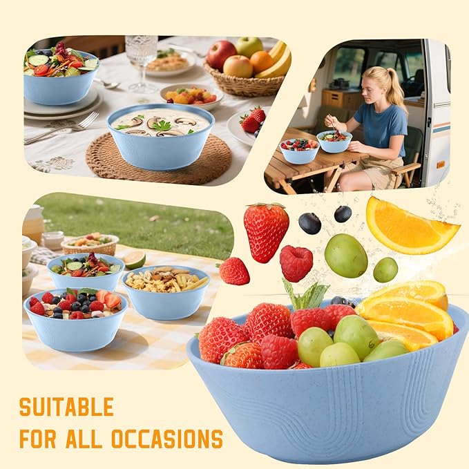 Homienly Alternatives Plastic Bowls - Cereal Bowls 36oz, Wheat Starw Bowl Set of 6, Microwave and Dishwasher Safe Bowls,Soup Bowl Sets for Kitchen,Serving Soup,Salad (Sky Blue)