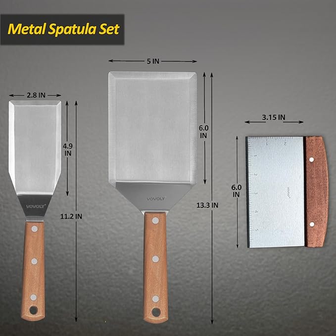 Stainless Steel Metal Spatula Set For Griddle, Grill Spatula Scraper for BBQ/Flat Top Grill- Full Tang Handle -Thicked Blade- Beveled Edges, Great Griddle Accessories for Pancake/Dough Cutter
