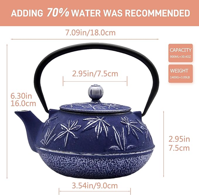 Cast Iron Teapot Tea Kettle with Stainless Steel Infuser for Stovetop Safe Coated with Enameled Interior Japanese Tetsubin with Maple Leaves Pattern(30.4oz/900ml) (Color-3)