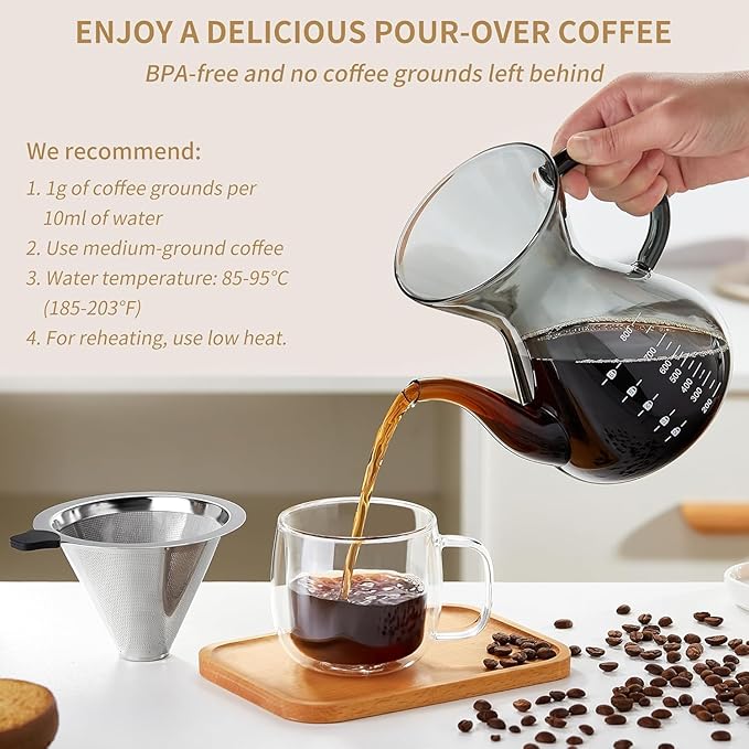 Unbreakable - Pour Over Coffee Maker with Double Stainless Filter 34 fl oz, Thickened Heat-Resistant Borosilicate Glass Pour Over Coffee Dripper, Stovetop Safe