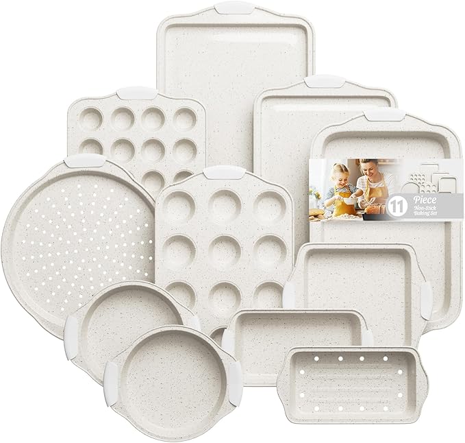 11-Piece Kitchen Nonstick Stackable Bakeware Set, Non Toxic Bakeware Sets with Silicone Handles, Includes Cookie Sheets, Cake Pan, Loaf Pan, Pizza Pan, Muffin Pan, White