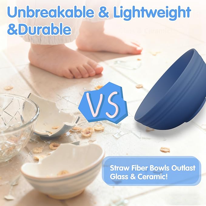 Quatish 16 PCS Unbreakable Cereal Bowls,Dishwasher & Microwave Safe Wheat Straw Bowls, Easy-to-Clean Lightweight Snack & Soup Bowl,Multi-Color Portable for Picnics Plastic Bowls Set, Blue