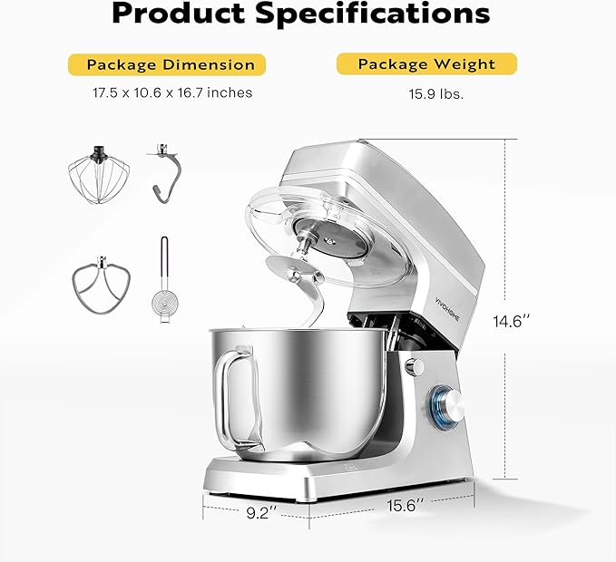 VIVOHOME 7.5 Quart Stand Mixer, 660W 6-Speed Tilt-Head Kitchen Electric Food Mixer with Beater, Dough Hook, Wire Whip, and Egg Separator, Silver