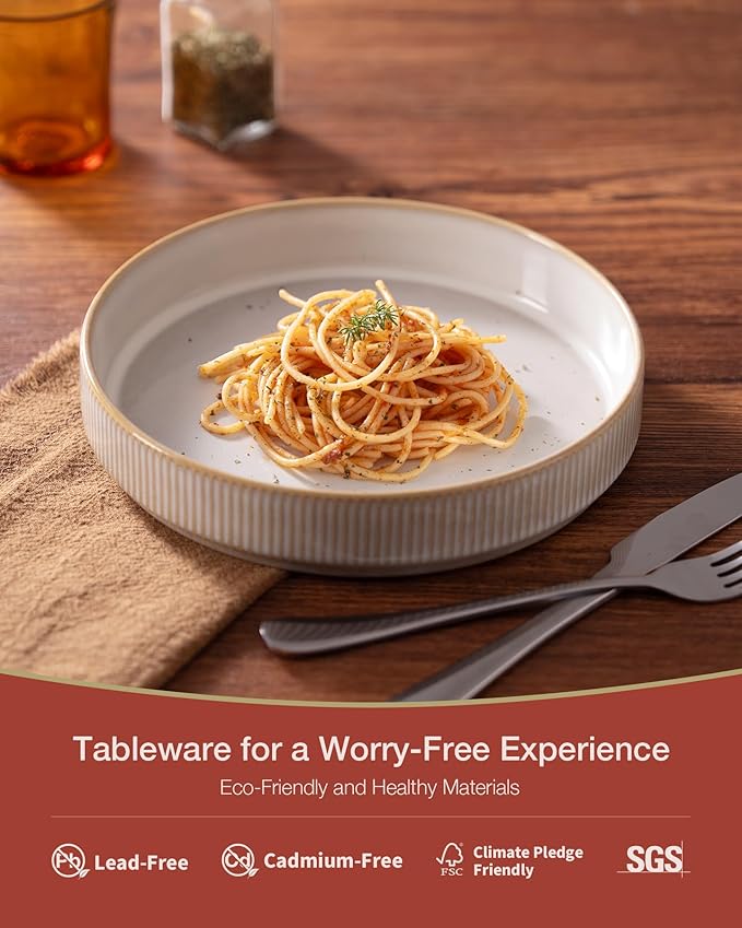 famiware Star 8.25" Pasta Bowls, Large Dinner Bowls Set of 6, Salad Bowl Plates, Shallow Bowls for Eating, Cappuccino White