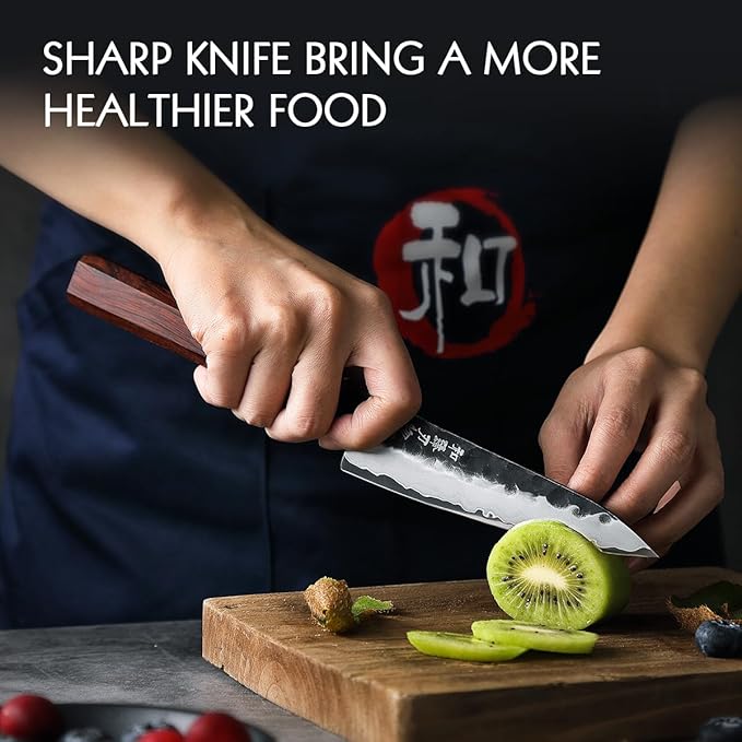 HEZHEN Kitchen Knife Set 4PCS, Clad Steel Chef Knife Nakiri Forged Steel Santoku, Wooden Octagonal Handle