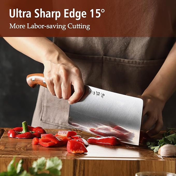 HEZHEN Cleaver Knife 7.1 inch, German 1.4116 Steel & Ergonomic Red Wood Handle, Sharp Meat Cleaver for Meat Cutting Vegetable Slicing