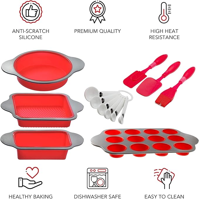 Boxiki Kitchen 13-Piece Non-Stick Silicone Bakeware Set with Cake Pan, Brownie Pan, Loaf Pan, Muffin Mold, Spatulas, Brush, and Measuring Spoons - Oven, Freezer and Dishwasher Safe