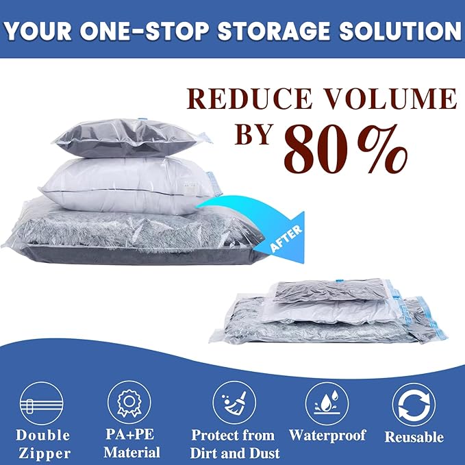 Vacuum Storage Bags, 8 Medium Space Saver Vacuum Sealed Bags for Clothes, Compression Bag Blanket Storage Travel Essentials