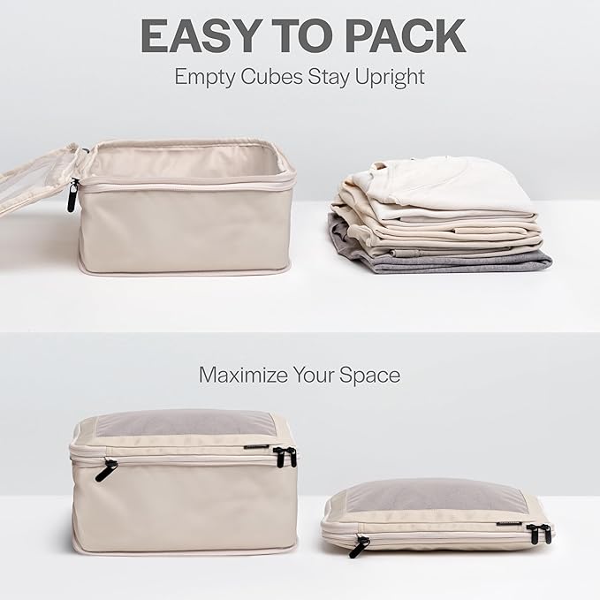 Aerotrunk Compression Packing Cubes for Travel - Luggage Organizer Bags - Double Zipper Packing Cubes for Suitcases (4-Pack, Beige)