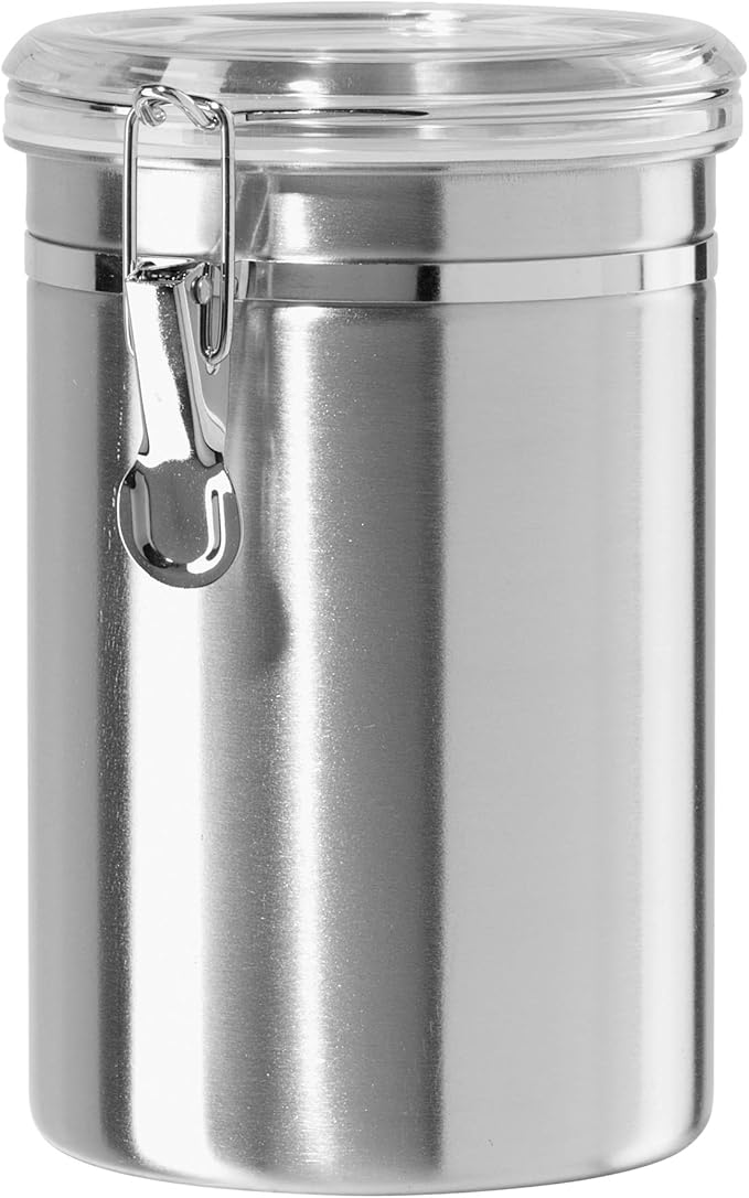Oggi Stainless Steel Kitchen Canister 62 fl oz - Airtight Clamp Lid, Clear See-Thru Top - Ideal for Kitchen Storage, Food Storage, Pantry Storage. Large Size 5" x 7.5".