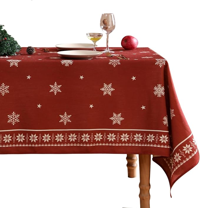 ISAENNE Designer Christmas Red Small Rectangular Tablecloth,Linen Table Cloth with Snowflakes Pattern,Wrinkle Resistant Decor Tablecloths for Dining Kitchen Thanksgiving Christmas,55"*71"-Carol C