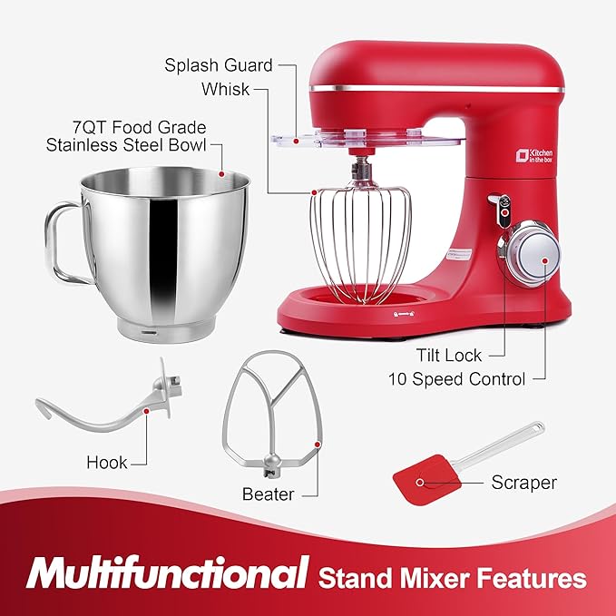 Kitchen in the box 7QT 900W 10-Speed Stand Mixer, Tilt-Head Kitchen Electric Mixer with Dough Hook, Whisk & Flat Beater(Red)