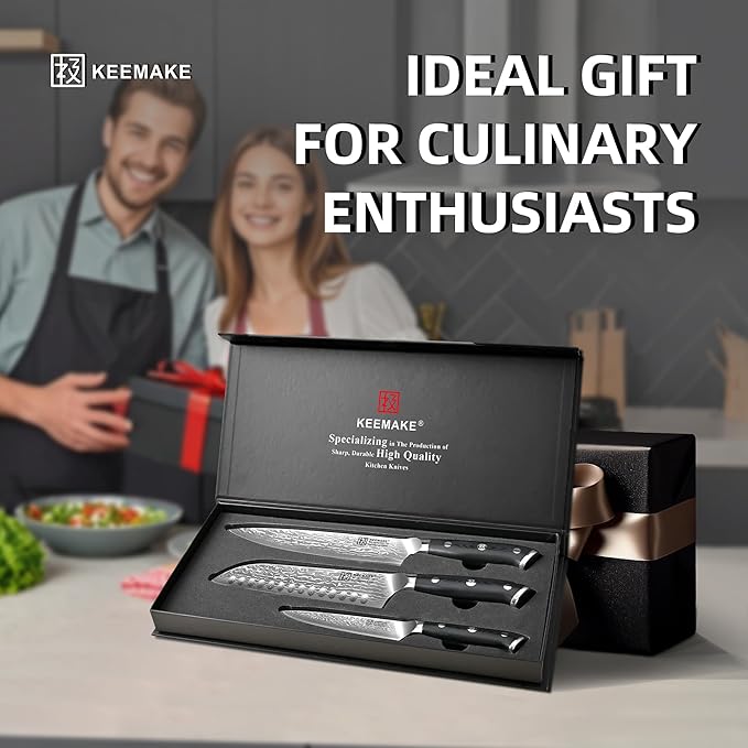 KEEMAKE Damascus Kitchen Knife Set 3 PCS, Sharp Knives Set for Kitchen, 67 Layers Damascus Chef Knives, Japanese Knife Sets with Full Tang Ergonomic Handle, Kitchen Knives for Meat Vegetable