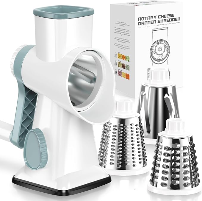 Cheese Grater Hand Crank Rotating Cheese Shredder Stainless Steel Vegetable Slicer Grater for Kitchen 3 Blades for Cheese, Carrot, Cucumber, Nuts, Chocolate, White