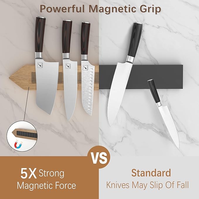 imarku Magnetic Knife Holder for Wall - 16 Inch Acacia Wood Magnetic Knife Strip with Powerful Magnet, Knife Magnetic Strip for Kitchen Utensil Organizer with 4 Hooks, Natural Acacia
