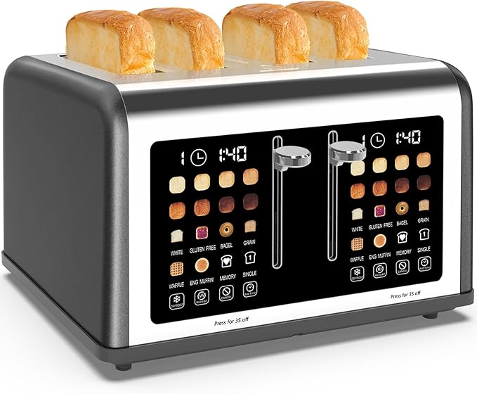 4 Slice Toaster Touch Screen, Stainless Steel Toasters Digital Timer, Dual Control Panel Toasters, 8 Shade Settings 6 Bread Types for Bagel, Cancel, Defrost 1650W Grey