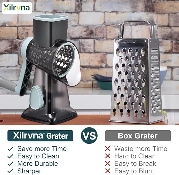 Rotary Cheese Grater with Handle Kitchen Shredder Slicer Grater Slicer Ice Shaver Cheese Vegetable Nuts Potato Zucchini Chocolate 3 Interchangeable Blades (GreyBlue)