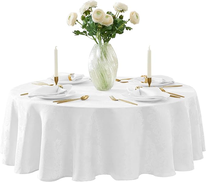 Newbridge Barcelona Luxury Damask Fabric Tablecloth, 70” Round, White, 100% Polyester, No Iron, Soil Resistant Dining Room, Party and Banquet Table Cover
